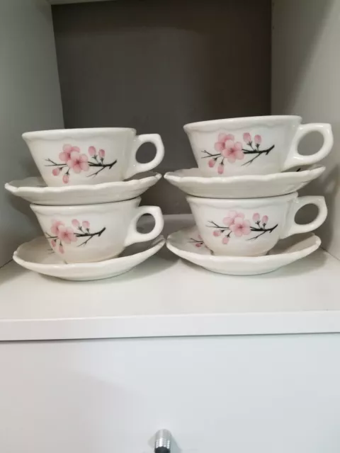 Syracuse China Restaurant Ware --Set of 4-- Cups & Saucers Pink Cherry Blossom