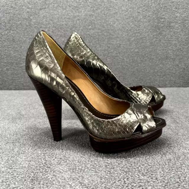 BCBG Maxazria Heels womens 5.5B Snake Skin Metalic Peep Toe Pumps 4"