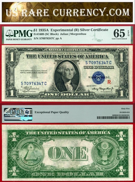 1935A $1 Experimental R & S Pair Silver Certificates FR-1609 &10 PMG Gem 65EPQ