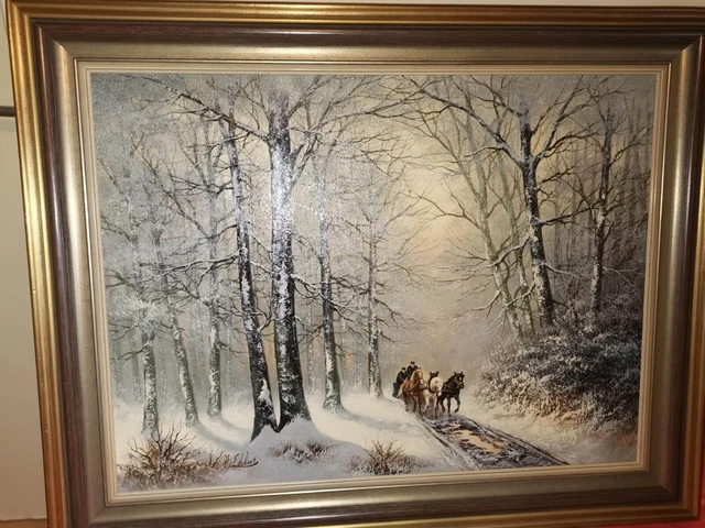 Ölgemälde groß Pferde kutsche im schnee