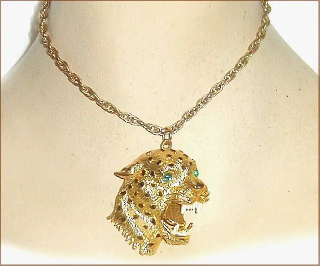 Vintage LEOPARD PENDANT Necklace Fierce 1980s STATEMENT Piece Glass Eyes ROARING