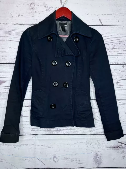 H&M Long Sleeve Collared Navy Blue Cotton Stretch Double Breasted Jacket Size 4