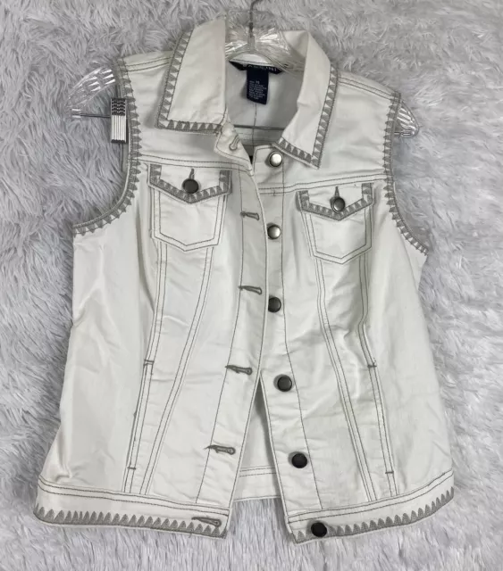 BACCINI Women’s White Denim Vest Embroiderd Size Petite Small NWT