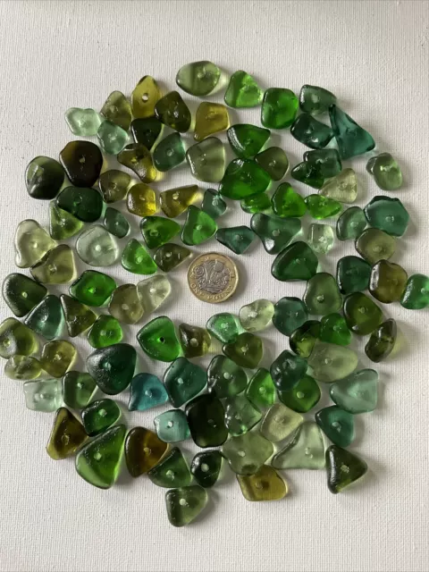 100 centre drilled 2mm Hole pieces of Scottish Sea glass Shades Of Green T