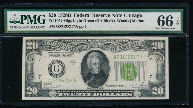 AC 1928B $20 Chicago Light Green Seal LGS PMG 66 EPQ FR 2052-G