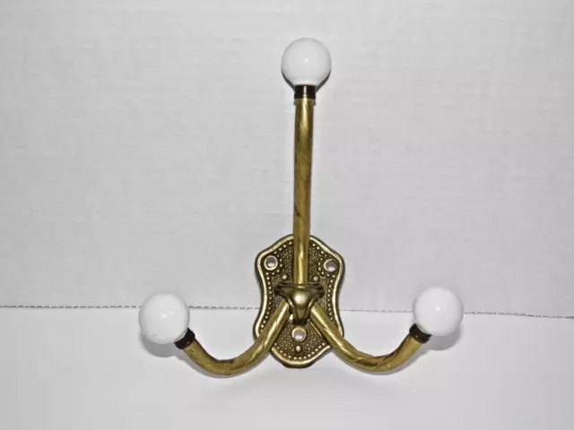 Vintage, twisted brass, triple hook with porcelain ball, coat/towel rack 7" Tall