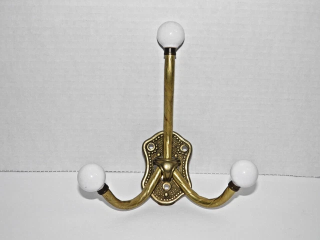 Vintage, twisted brass, triple hook with porcelain ball, coat/towel rack 7" Tall