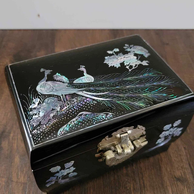 Vintage Japanese Lacquer Box Mother of Pearl Inlay Koi Fish Peacocks - READ!