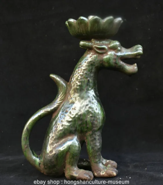 11.2" Old Chinese Green Glaze Porcelain Dynasty Palace Dragon Beast Candlestick