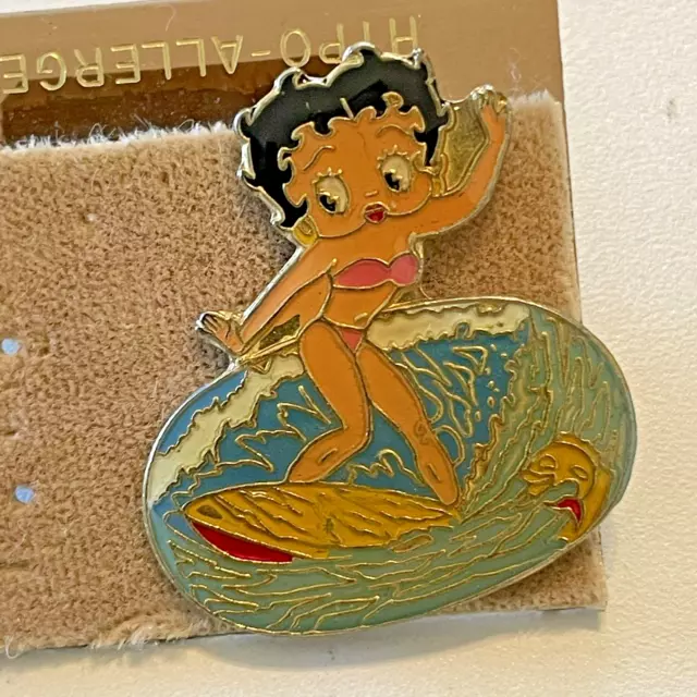 Vintage Betty Boop Surfer Girl Enamel Lapel Pin - Surfing, Waves, & a Fish