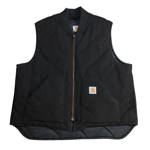 Vtg. CARHARTT Quilted Canvas Black Vest Sz 2XL Union made in USA VQ185 Full Zip 