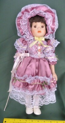 16 inch porcelain doll brunette girl in pink satin dress Little Bo Peep New