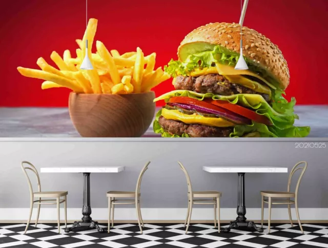 3D Fast Food Burger Fries Self-adhesive Removable Wallpaper Murals Wall