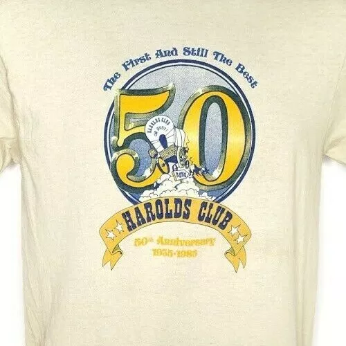 Harolds Club Casino T Shirt Vintage 80s 1985 Reno 50 Years Beige Made In USA Lrg