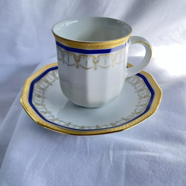 Tirschenreuth Bavaria Germany Demitasse Cup And Saucer Blue, Gold Excellent Cond