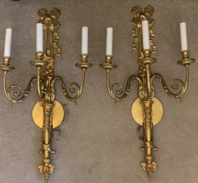 Pair French Louis XV Style Dore Bronze Brass Wall Sconces 3 Arm Ribbon Ornate