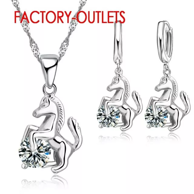 925 Sterling Silver Horse Pony CZ Crystal Pendant Necklace and Earring Set UK