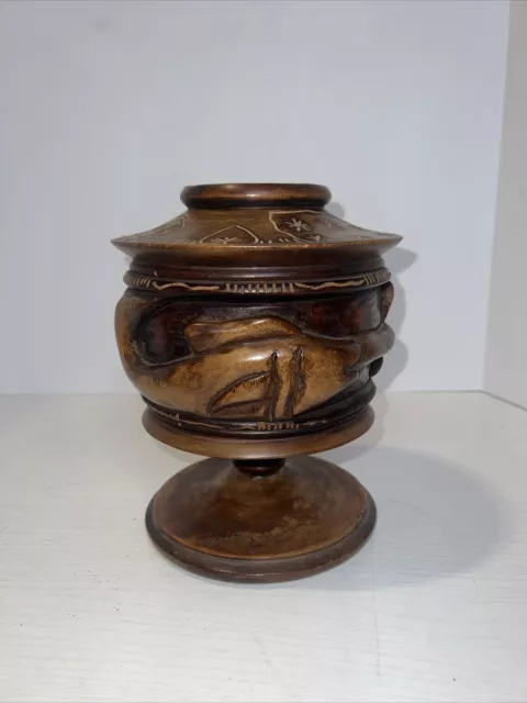 Wooden Storage Container Hand carved on Pedestal Fish Design No Lid