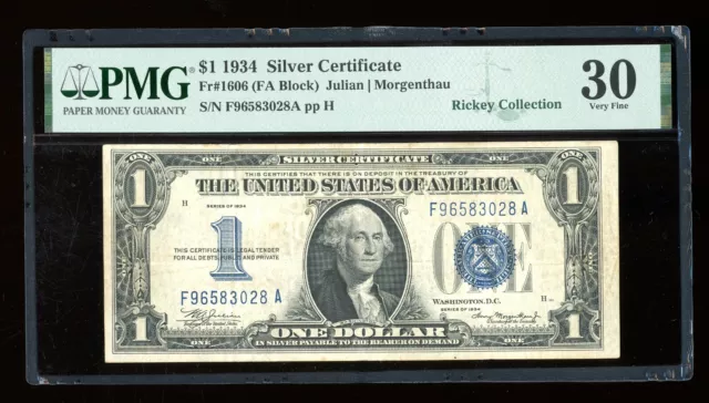 DBR 1934 $1 Silver Funnyback Fr. 1606 FA Block PMG 30 Serial F96583028A