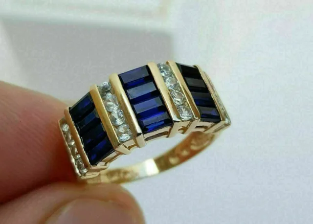 3Ct Baguette Simulated Blue Sapphire & Diamond 14K Yellow Gold Plated Men's Ring