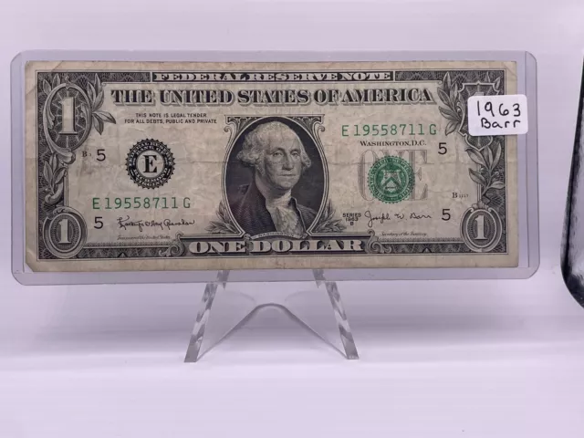 1963B $1 Joseph W. Barr Federal Reserve Note Free Shipping