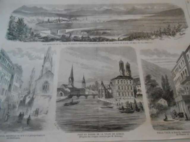 Gravure 1858 - Vue général de la Ville de Zurich
