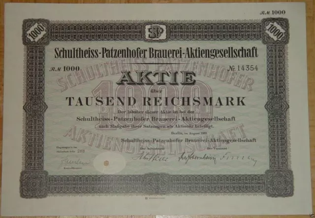 Schultheiss-Patzenhofer Brauerei-Aktiengesellschaft Stämme 1932 1000 RM