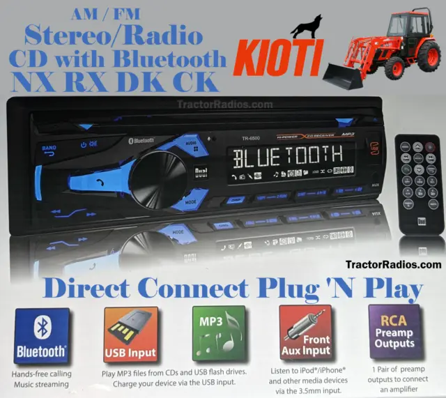 Plug & Play KIOTI Bobcat Tractor Bluetooth Radio CD Player AM FM NX RX DK CK CAB