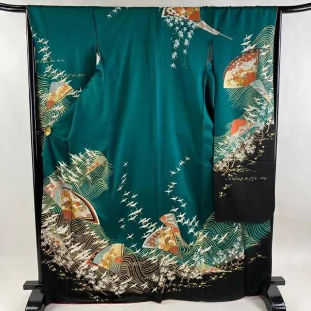 Japanese Kimono Furisode Pure Silk Folding Fan Crane Gold Paint Green Color