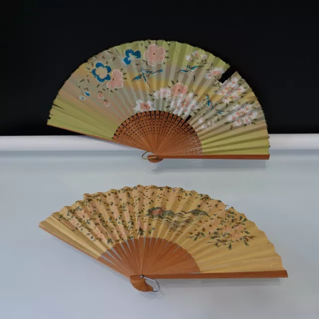 Vintage Chinese Folding Fans Hand-Painted Floral Asian Oriental