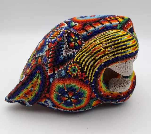 8.5" Huichol Beaded Jaguar Head Mexican Folk Art Signed Juantino Carrillo Mexico