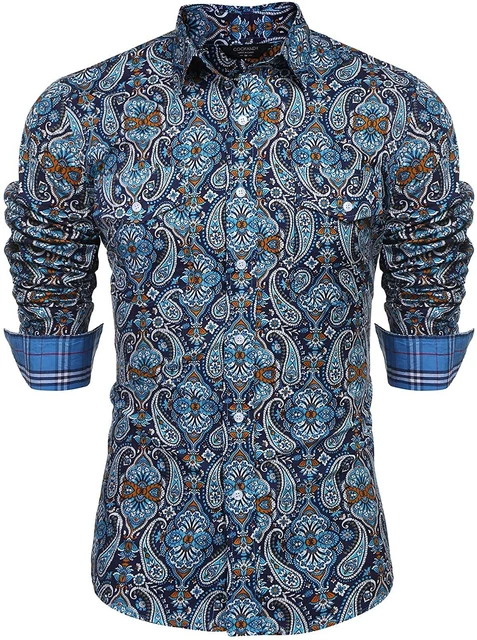 COOFANDY Men's Floral Dress Shirt Slim Fit Casual Paisley Printed Shirt Long Sle