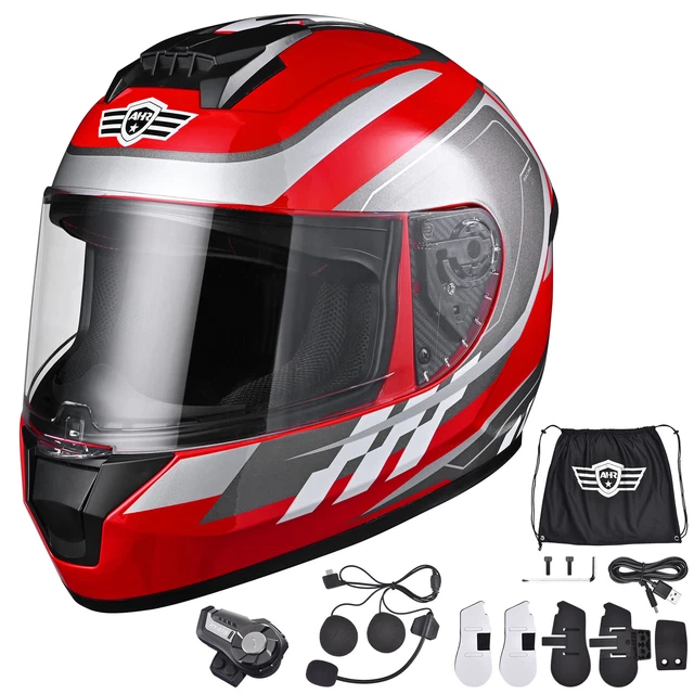 AHR Full Face Motorcycle Helmet DOT Visor Bluetooth 5.0 Headset Intercom Radio S