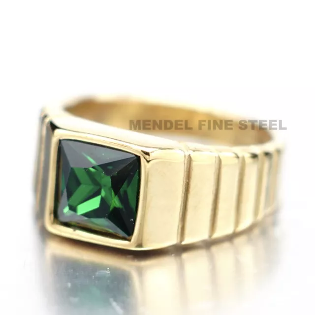 MENDEL Mens Womens Gold Plated Green CZ Stone Ring Men Stainless Steel Size 7-13