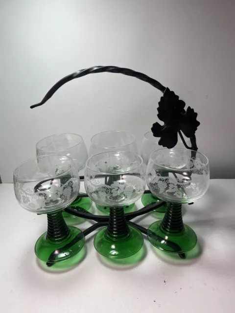 VTG  Luminarc Green Beehive Stem Wine Glasses + Black Metal Stand  From France