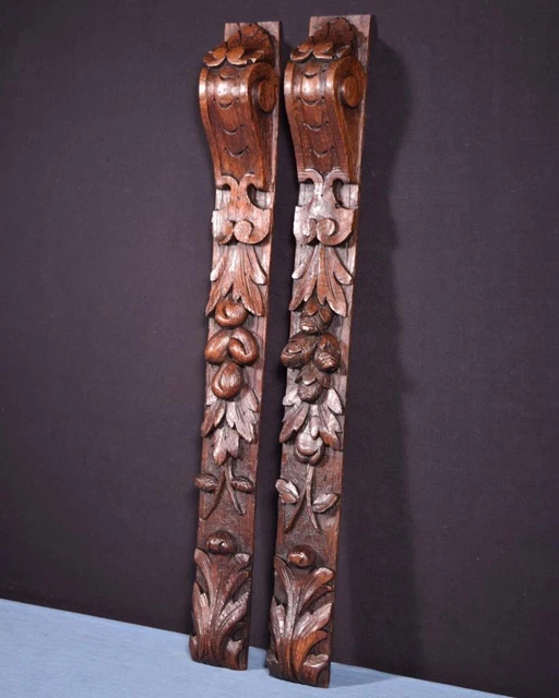 *23" Pair of French Antique Trim Posts Highly Carved Solid Oak Wood