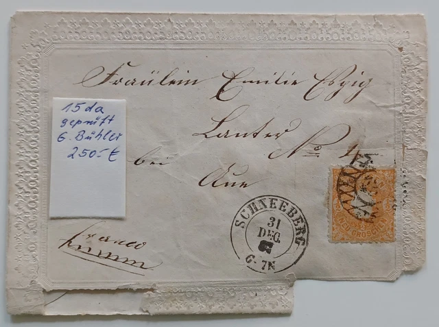 Sachsen 1867: MiNr 15da gest. auf  Briefhülle, geprüft G. Bühler, KW 550.-€