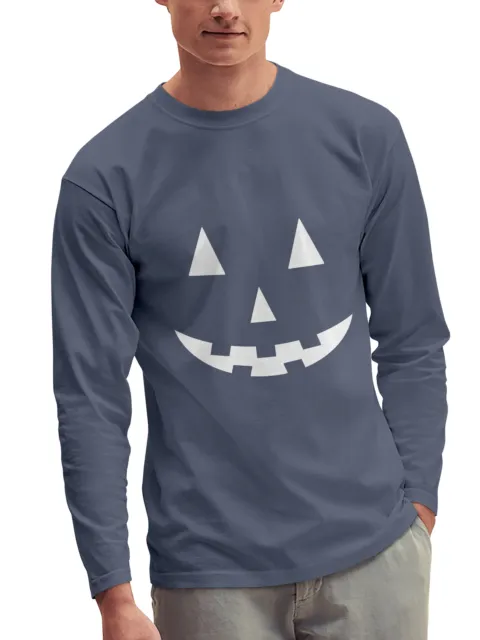 Mens Garment Dyed Jack-O-Lantern Smile White Halloween Long Sleeve T Shirt