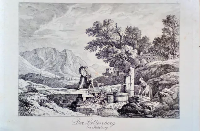 A.L. Richter: DER LATTENBERG BEI SALZBURG um 1830 Radierung mit Monogramm