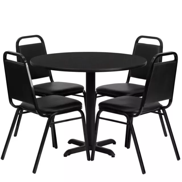 36'' Round Black Laminate Restaurant Table Set with 4 Black Banquet Chairs