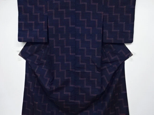 6448507: Japanese Kimono / Antique Hitoe Kimono / Mawata Tsumugi / Woven Geometr