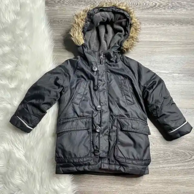 baby Gap Boys Winter Coat Size 4 Black Down Filled Hooded Faux Fur Trim