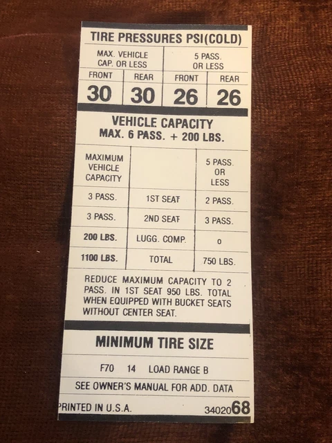 1969-1970 PLYMOUTH ROAD RUNNER GTX 383 440 F70x14 TIRE PRESSURE DECAL