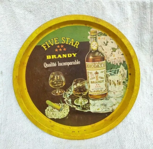 1950s Vintage Khodays Cinque Stella Brandy Adv Tin Vassoio Decorativi Bicchieri