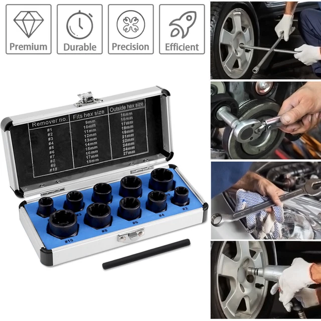 11Pcs Twist Socket Set Damaged Lug Remover Nut Lock Extractor Tool 9-19mm 11Pcs Twist Socket Set Damaged Lug Remover Nut Lock Extractor Tool 9-19mm