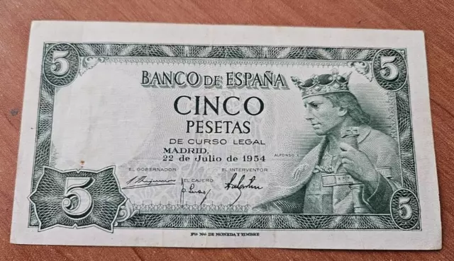 España. Billete de 5 pesetas año 1954,excelente estado. Alfonso X (ORIGINAL) EBC