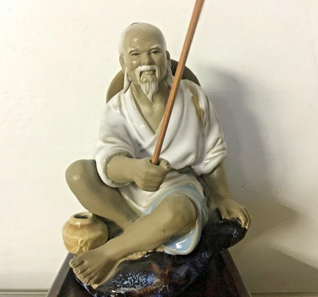 Chinese Mud Man Ceramic Fisherman with Wooden Stand