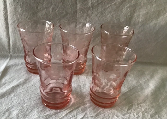 Set Of 5 1930's Pink Depression Glass Tumblers W/Etched floral Pattern-3 Inch