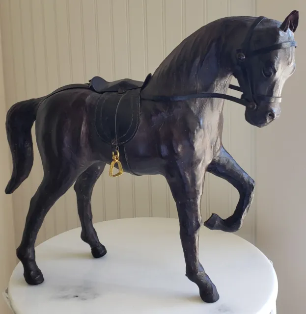 Equestrian Leather Wrapped Horse Statue Vintage Steed Figure With Saddle 13”