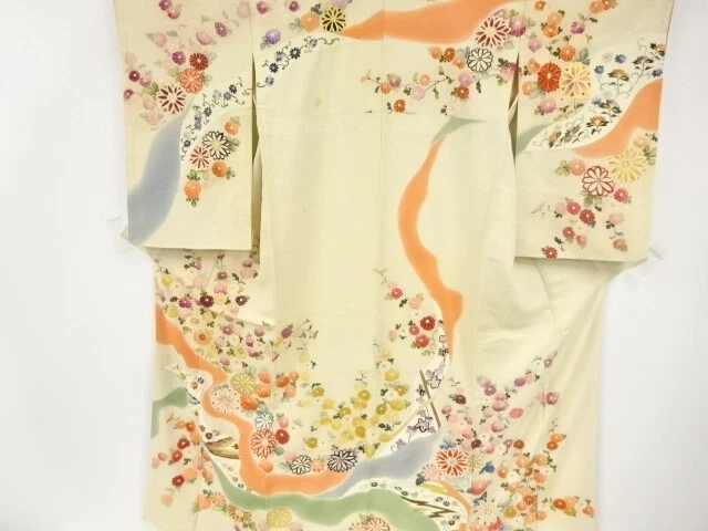 44289# Japanese Kimono / Antique Kimono / Kiku & Michinagadori Pattern